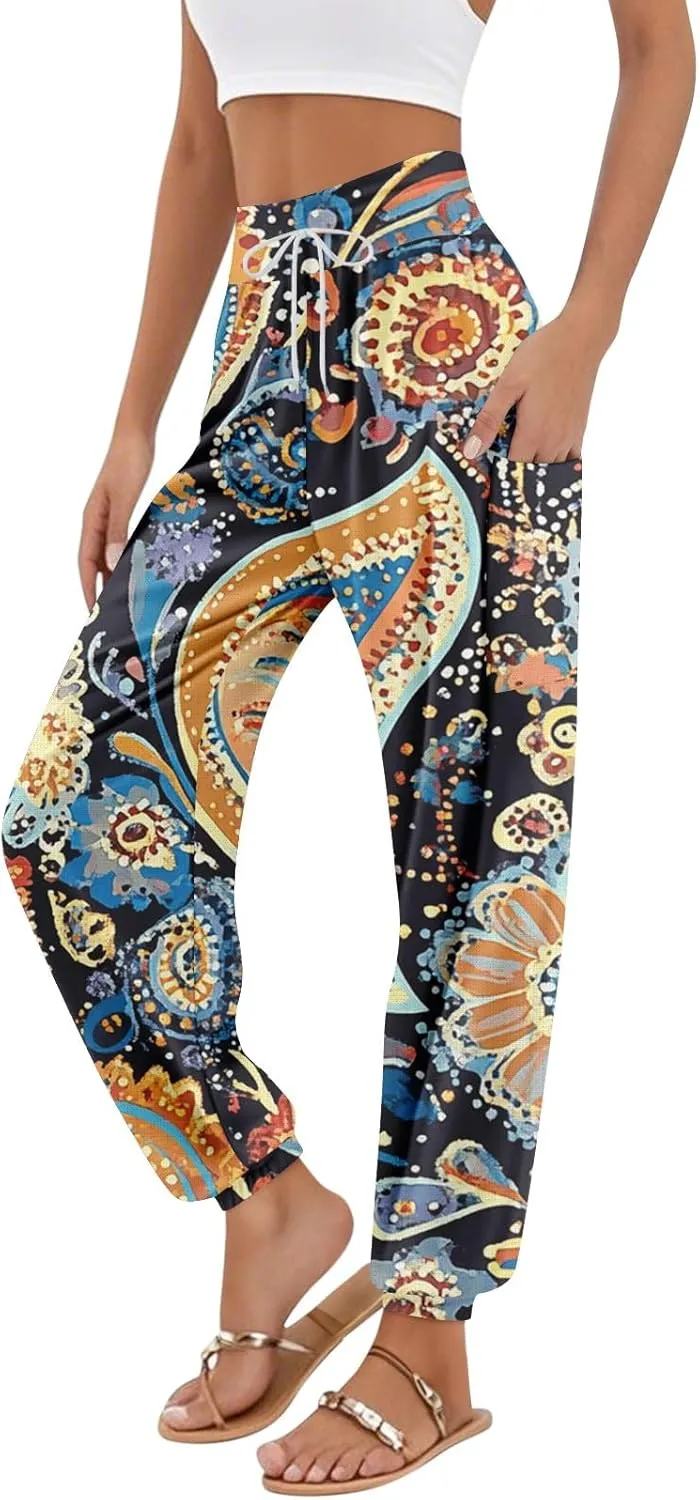 Boho Pants for Women - Hippie Harem Pants Women - Womens Flowy Pant with Pockets Comfy Bohemian Flowy Hippie Clothes H0