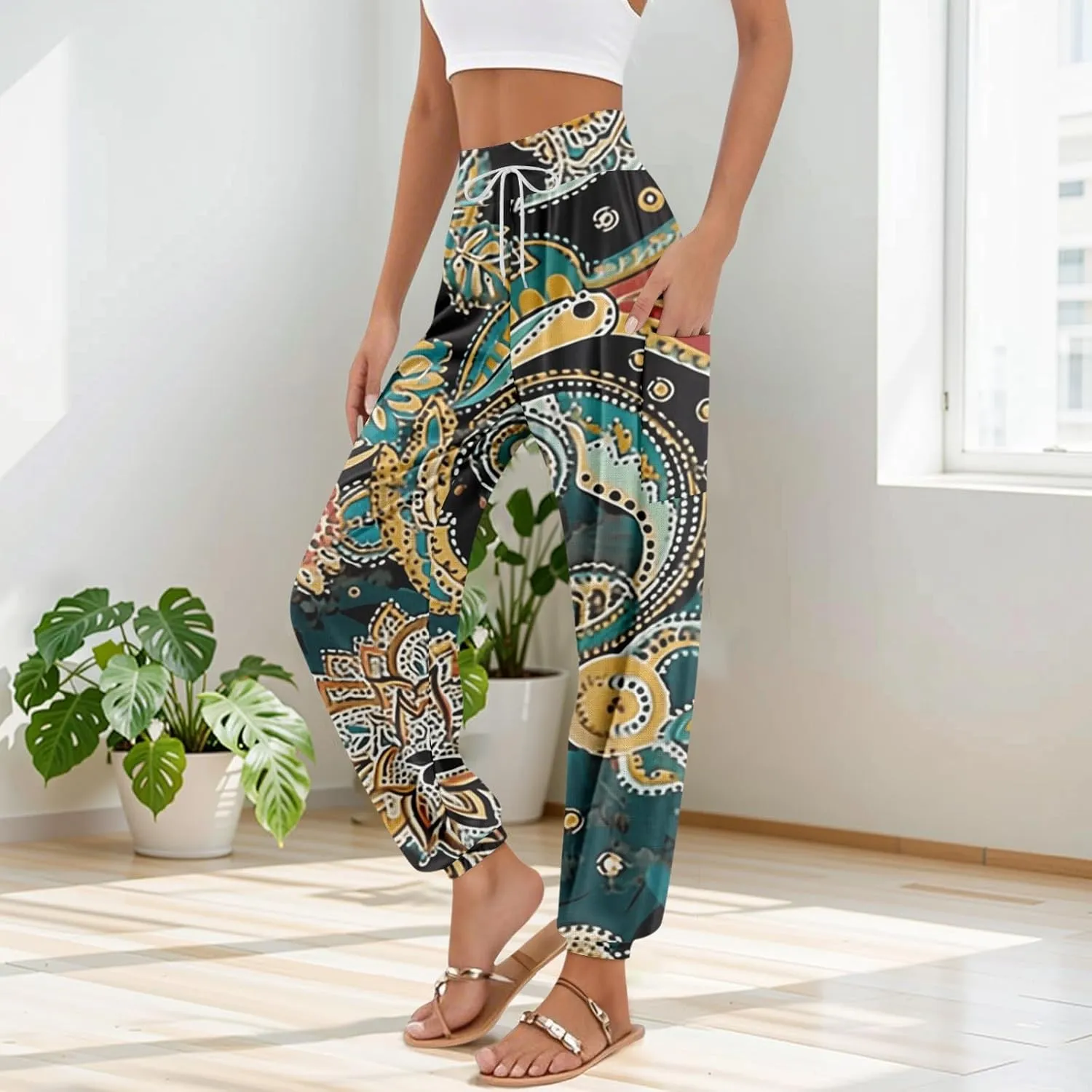 Boho Pants for Women - Hippie Harem Pants Women - Womens Flowy Pant with Pockets Comfy Bohemian Flowy Hippie Clothes H0