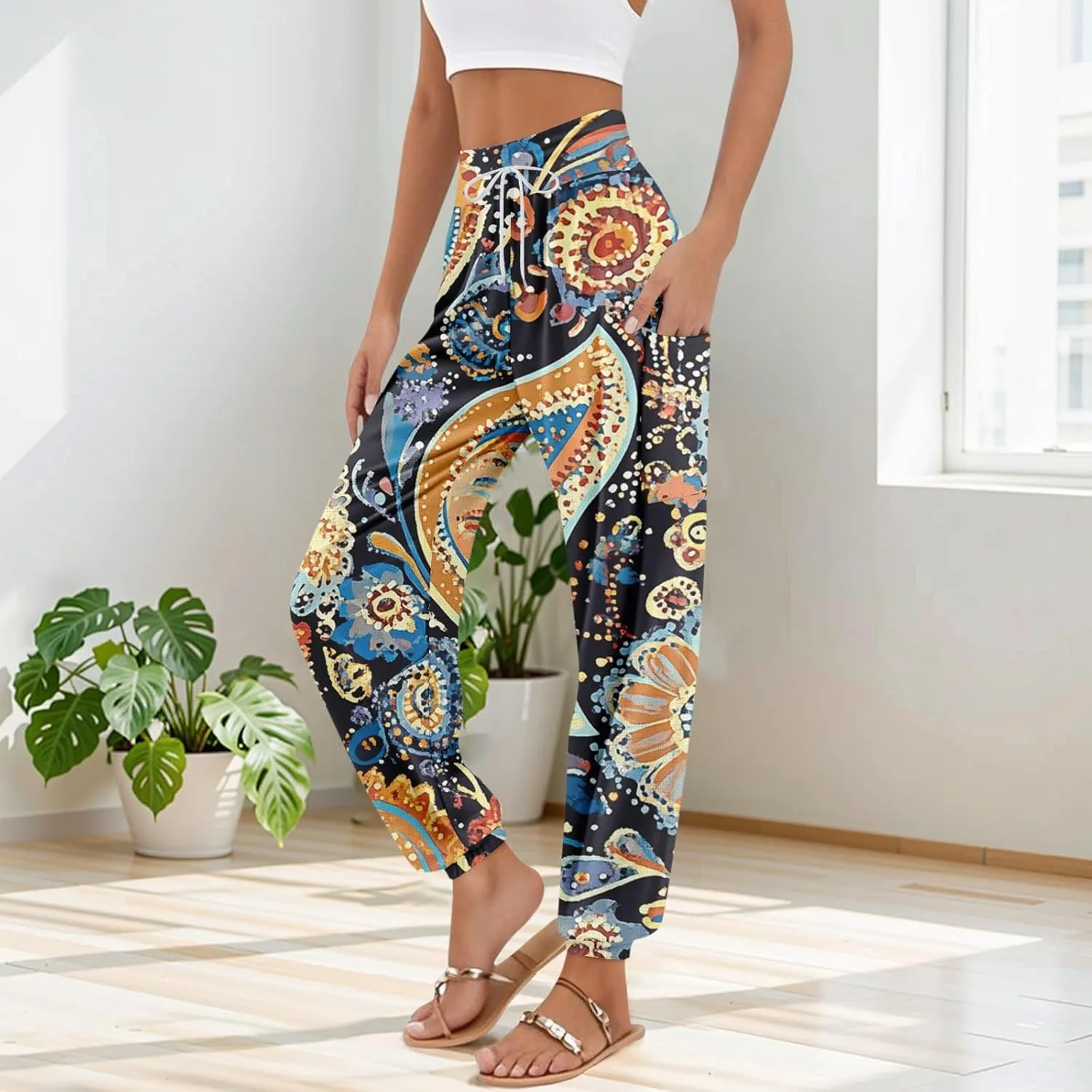 Boho Pants for Women - Hippie Harem Pants Women - Womens Flowy Pant with Pockets Comfy Bohemian Flowy Hippie Clothes H0