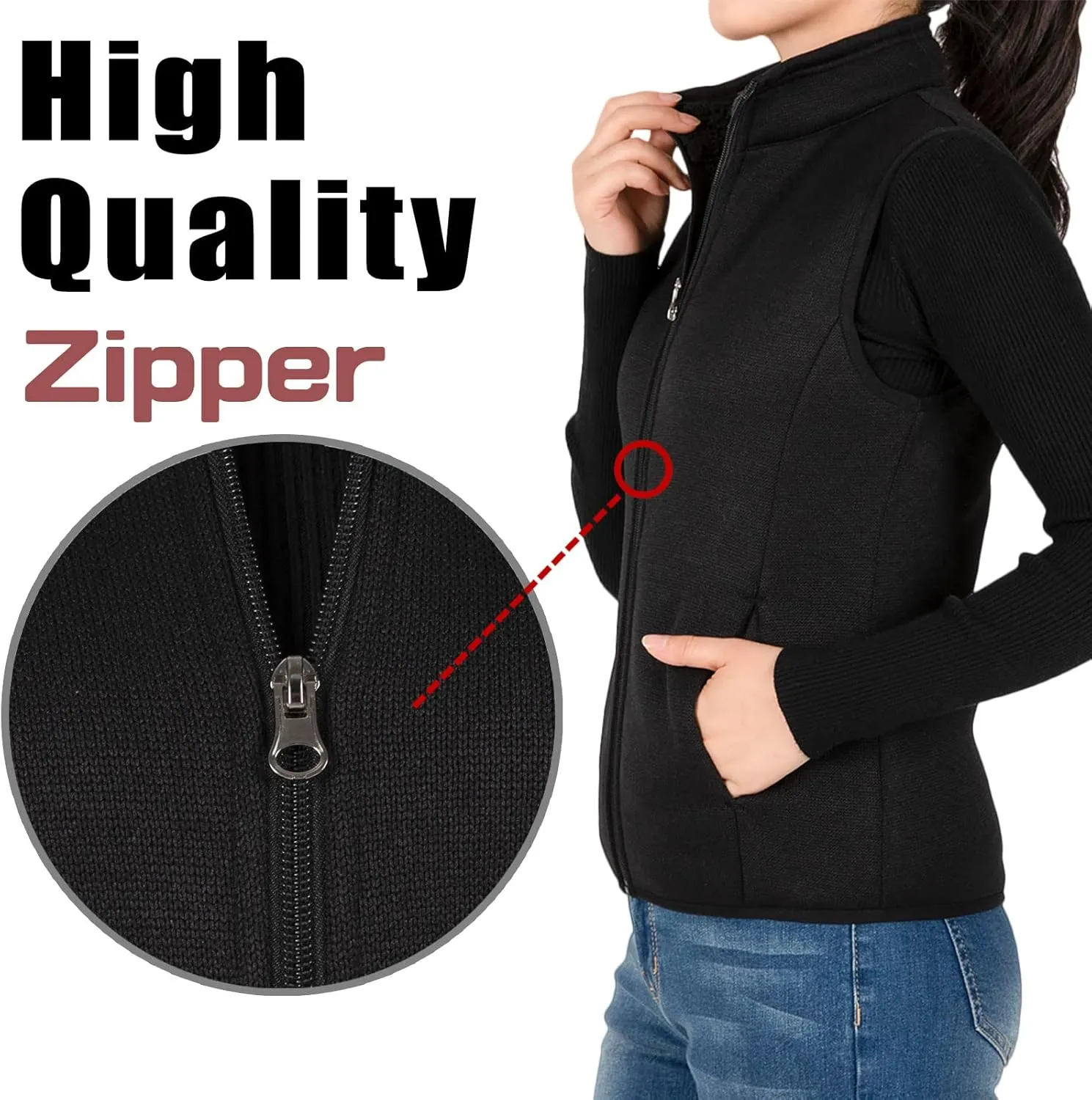 Bonnorth Women's Zip Up Sweater Fleece Vest, Sherpa Lined Windproof Warm Vest with Pocket