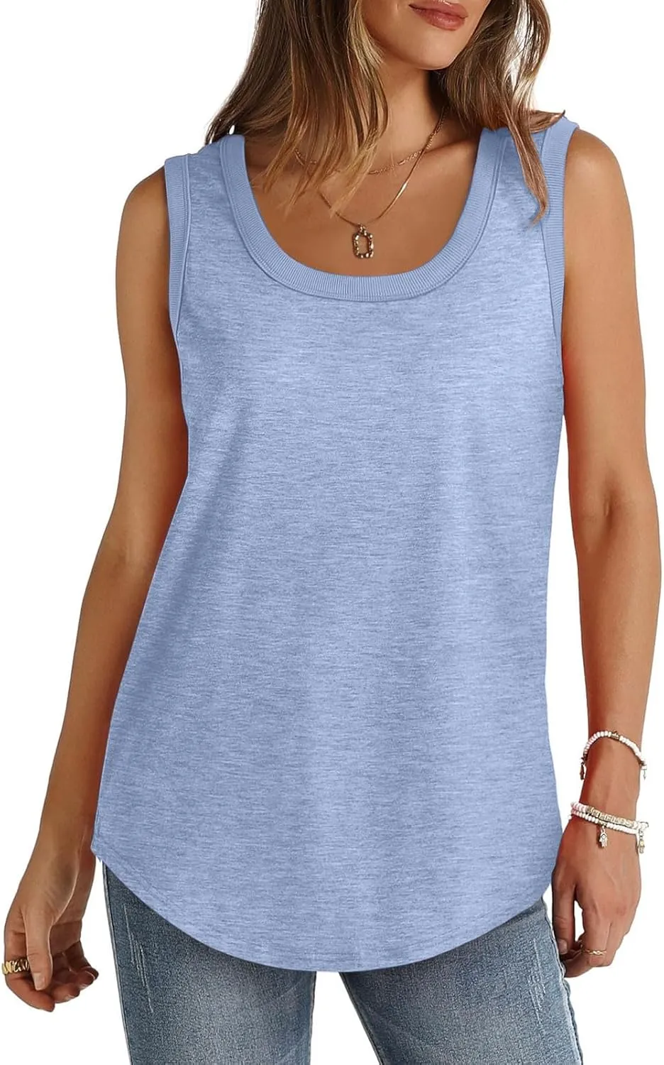 Borniu Womens Tank Tops Summer Loose Sleeveless Tops Scoop Neck Curved Hem Casual Flowy Shirt 2024 Outfits Clothes