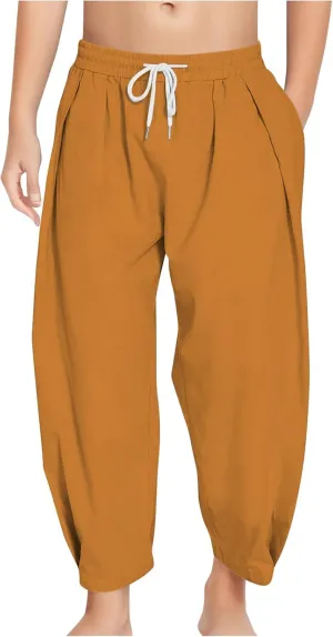 Boys Cotton Linen Harem Pants Drawstring Casual Cropped Trousers Lightweight Loose Beach Pants with Pockets 3-12 Y