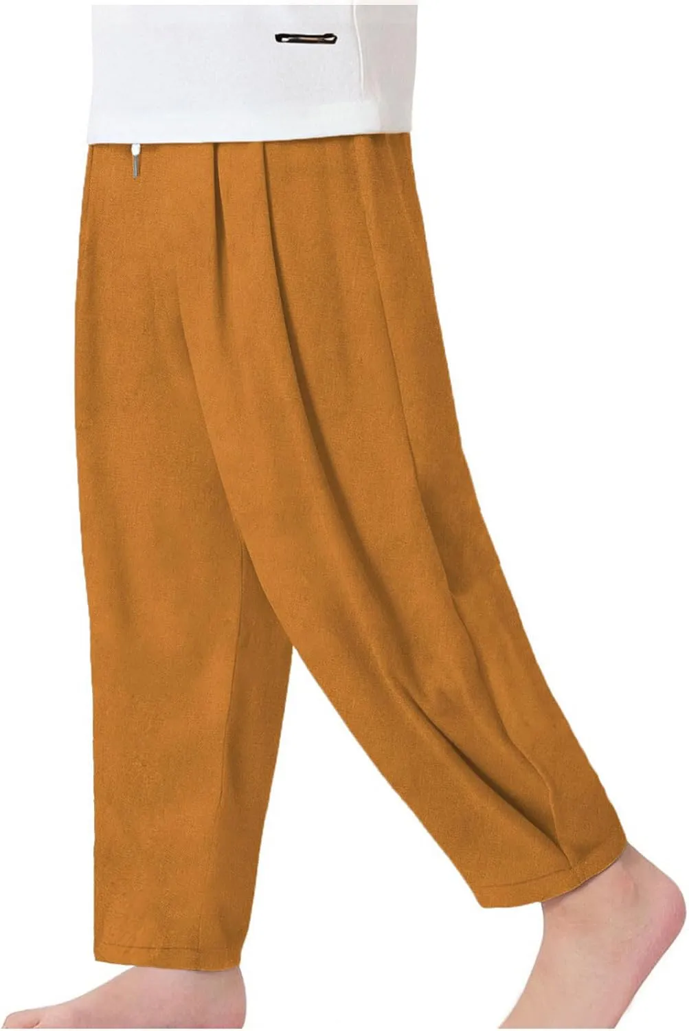 Boys Cotton Linen Harem Pants Drawstring Casual Cropped Trousers Lightweight Loose Beach Pants with Pockets 3-12 Y