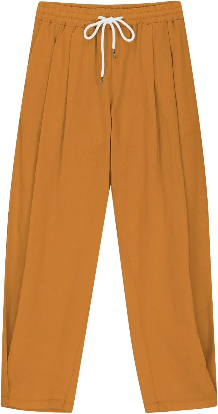 Boys Cotton Linen Harem Pants Drawstring Casual Cropped Trousers Lightweight Loose Beach Pants with Pockets 3-12 Y
