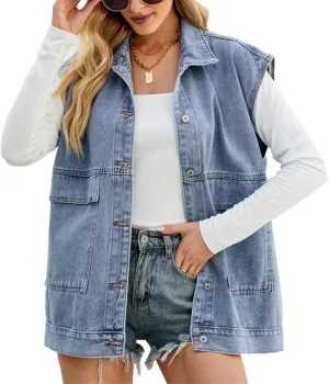 Bozanly Oversized Denim Vest for Women Vintage Distressed Button Down Sleeveless Jean Vest Jackets