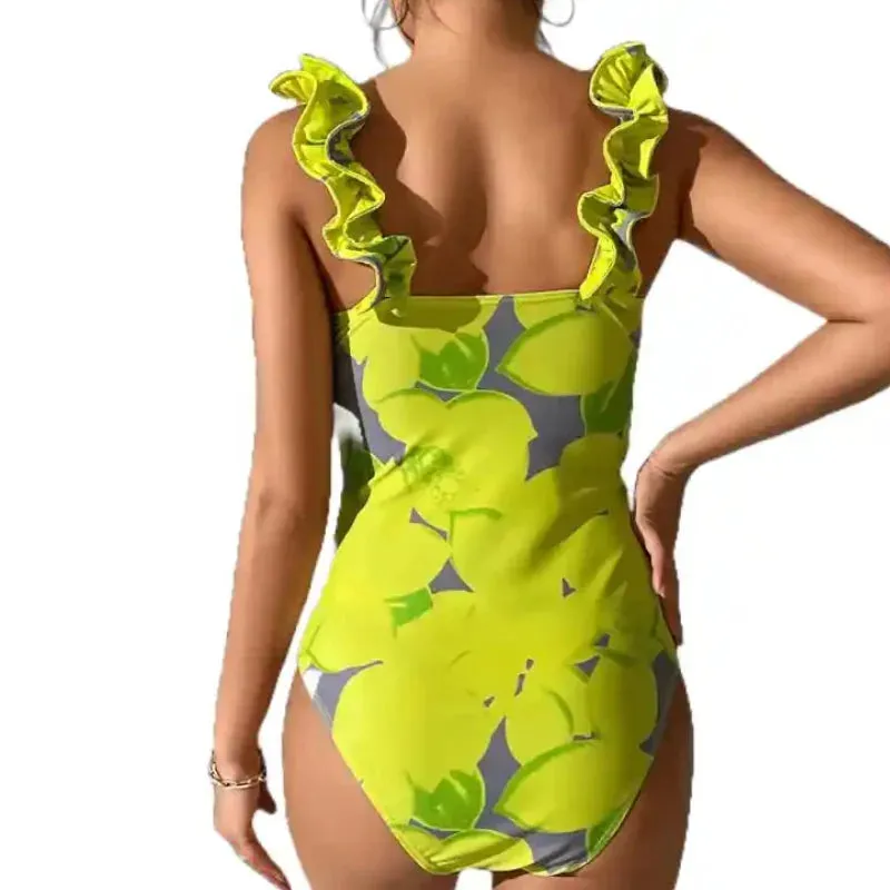 Brazilian Yellow Print Ruffle Stroppy Swimsuit