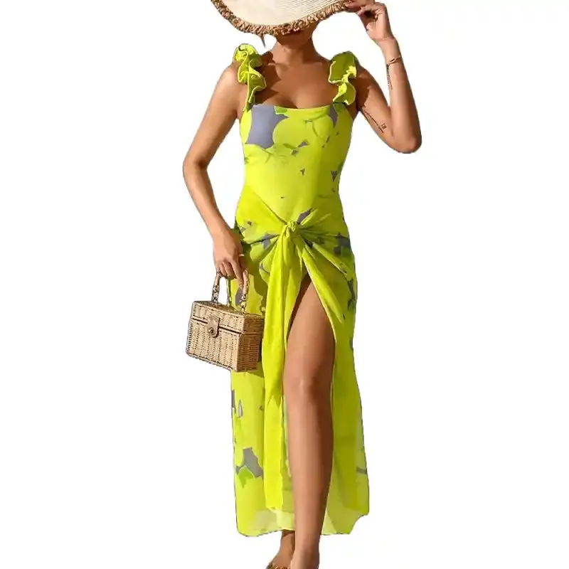 Brazilian Yellow Print Ruffle Stroppy Swimsuit