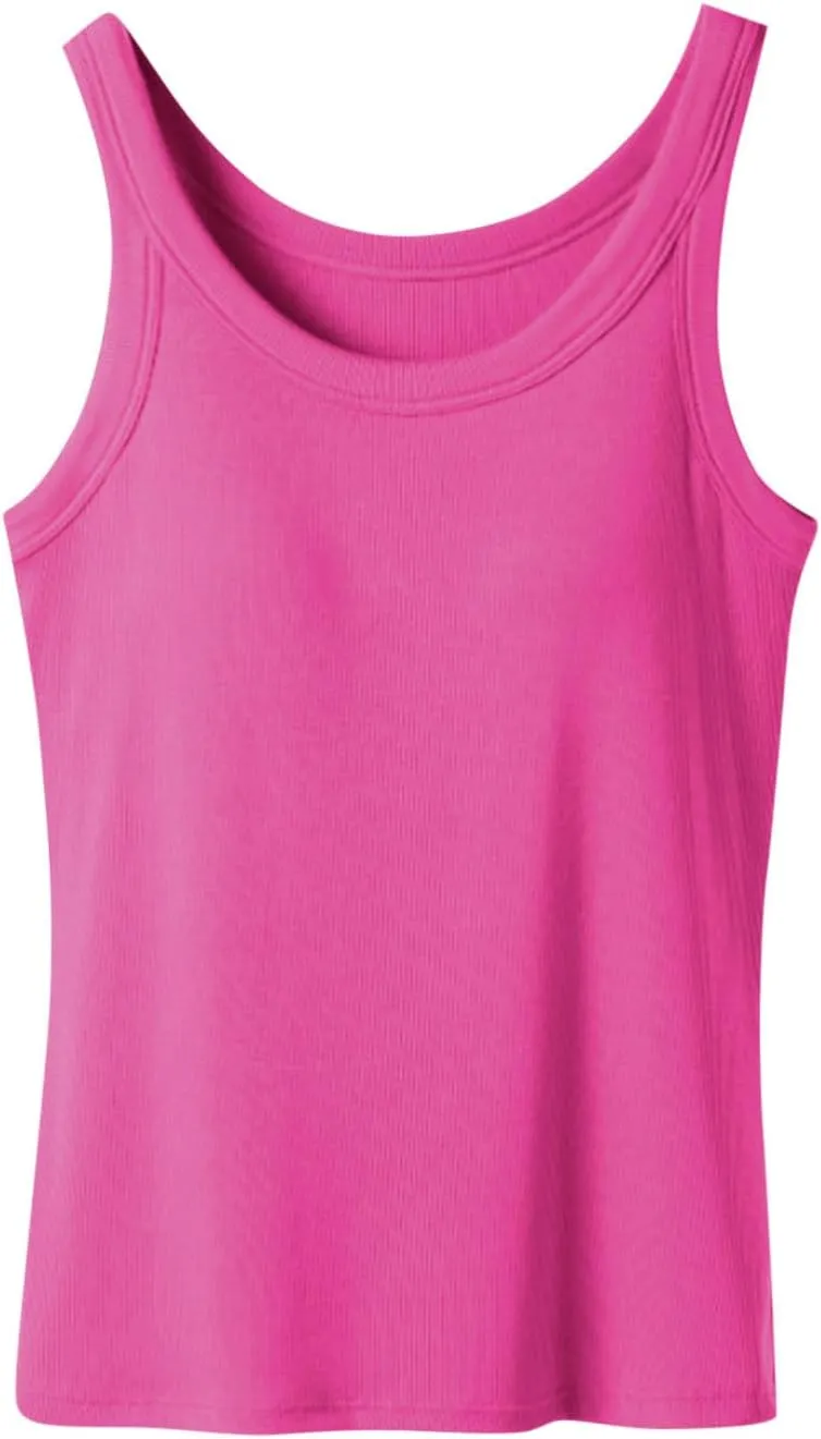 Built in Bra Tank Tops for Women 2025 Ribbed Knit Casual Slim-Fit Tops Crew Neck Sleeveless Summer Basic Tanks