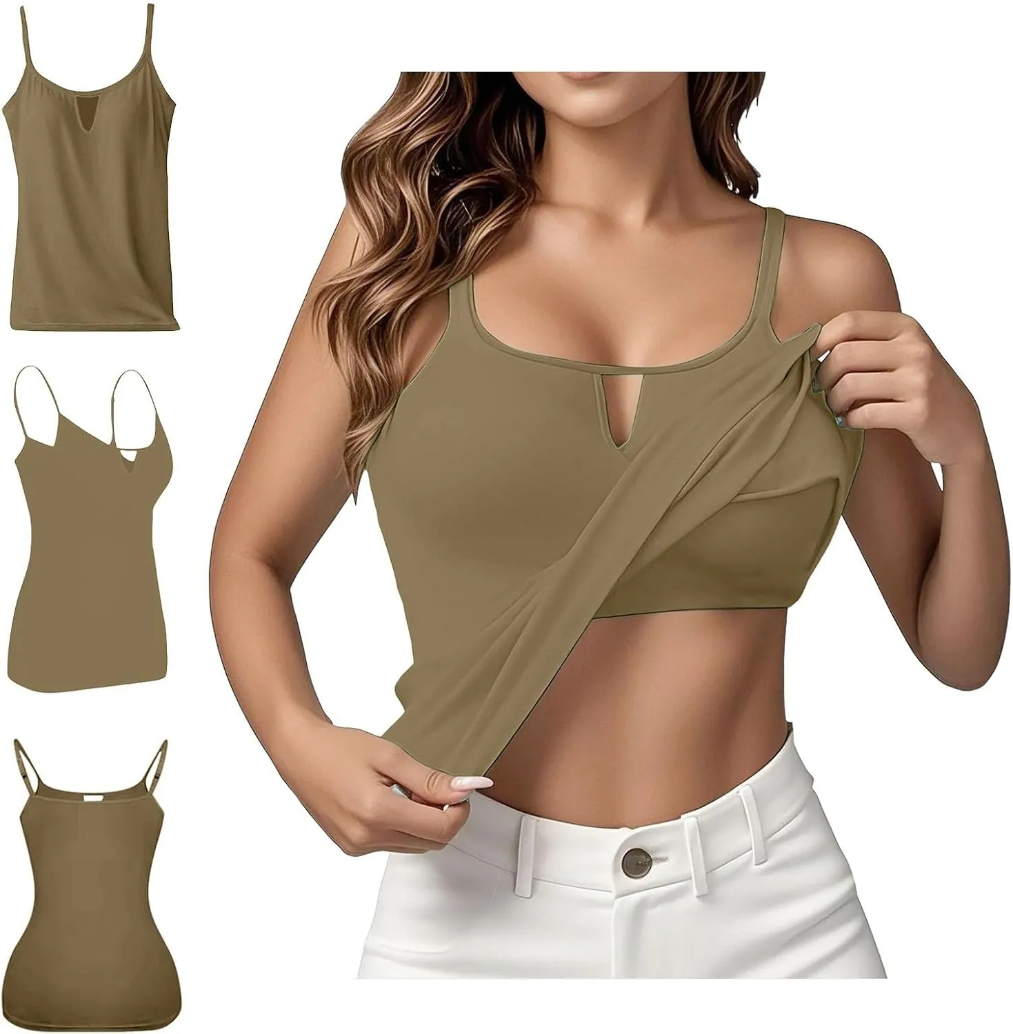 Built in Bra Tank Tops for Women Summer Plus Size Sleeveless Spaghetti Strap Camisole Padded Workout Yoga Cami Tops