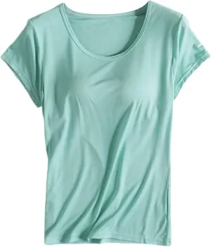 Built in Bra Tops for Women Plus Size Short Sleeve Tshirt Workout Sports Yoga T Shirt with Shelf Bra Pajama Top