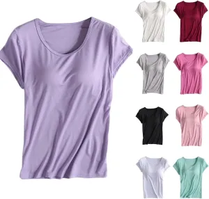 Built in Bra Tops for Women Plus Size Short Sleeve Tshirt Workout Sports Yoga T Shirt with Shelf Bra Pajama Top