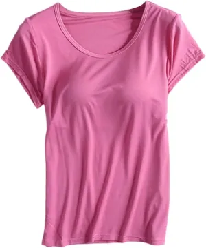 Built in Bra Tops for Women Plus Size Short Sleeve Tshirt Workout Sports Yoga T Shirt with Shelf Bra Pajama Top