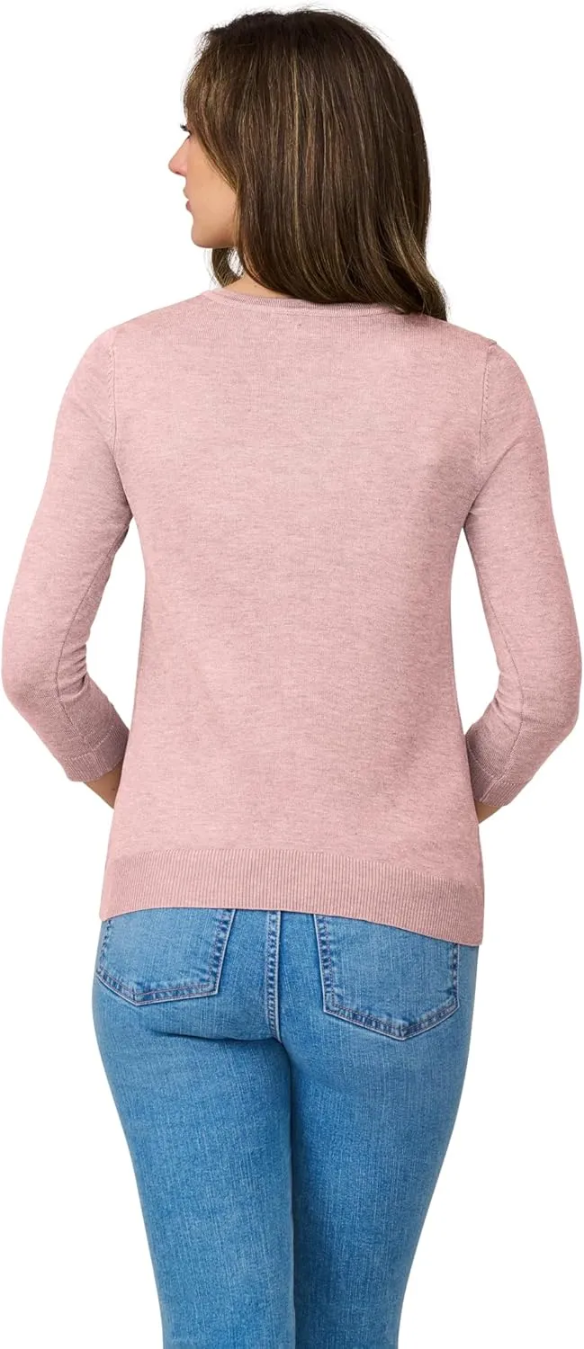 Cable & Gauge Women's Lady Button Front Cardigan Lightweight Button-Up Sweater, Crew Neck, 3/4 Sleeve, Versatile Layering Top