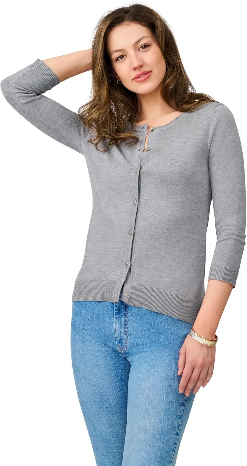Cable & Gauge Women's Lady Button Front Cardigan Lightweight Button-Up Sweater, Crew Neck, 3/4 Sleeve, Versatile Layering Top