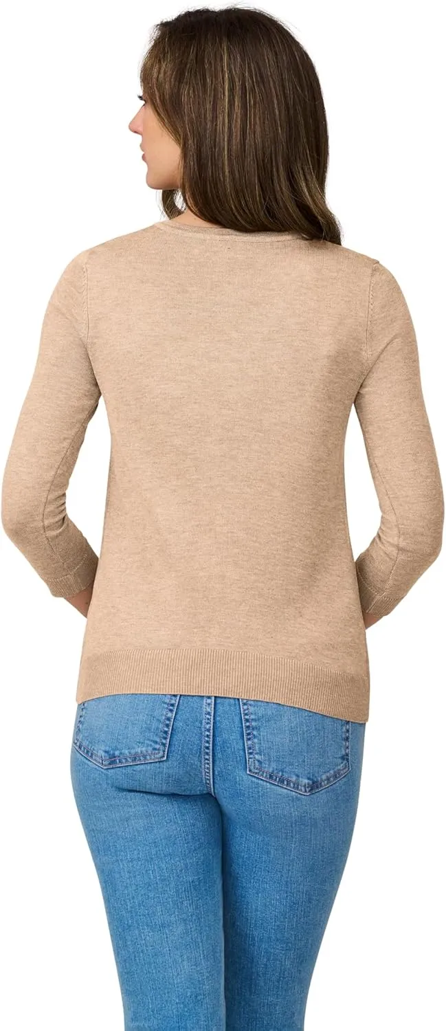 Cable & Gauge Women's Lady Button Front Cardigan Lightweight Button-Up Sweater, Crew Neck, 3/4 Sleeve, Versatile Layering Top