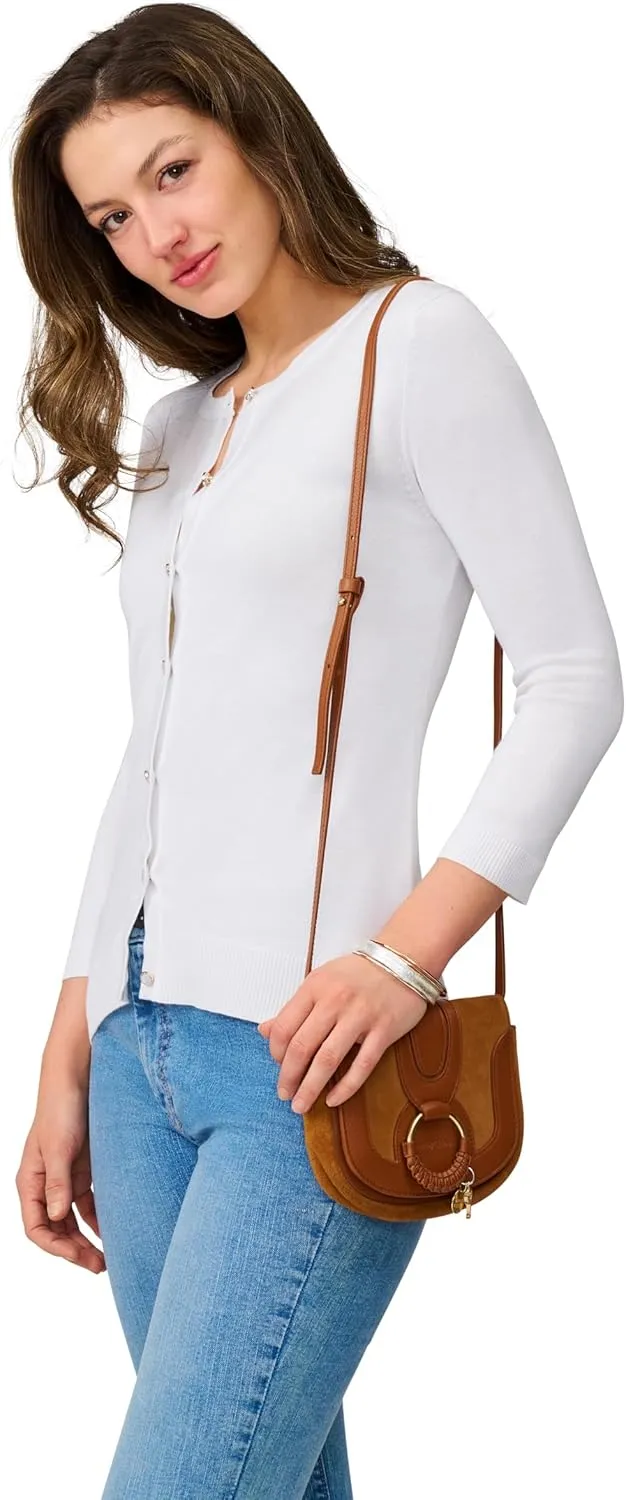Cable & Gauge Women's Lady Button Front Cardigan Lightweight Button-Up Sweater, Crew Neck, 3/4 Sleeve, Versatile Layering Top