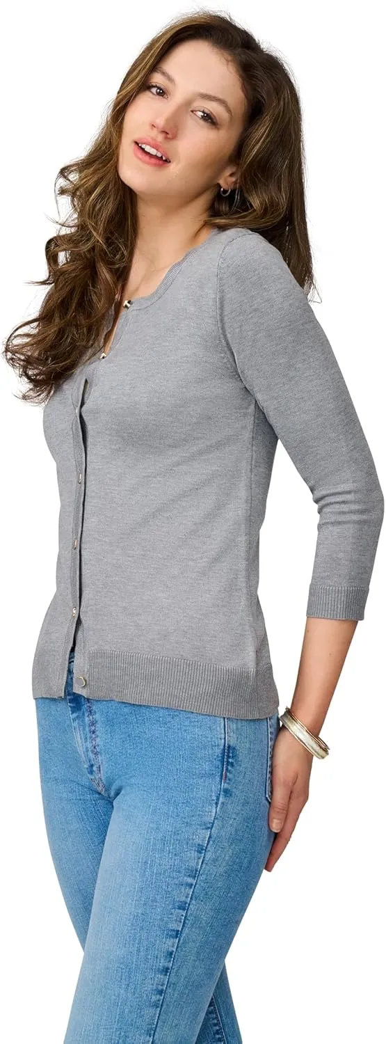 Cable & Gauge Women's Lady Button Front Cardigan Lightweight Button-Up Sweater, Crew Neck, 3/4 Sleeve, Versatile Layering Top