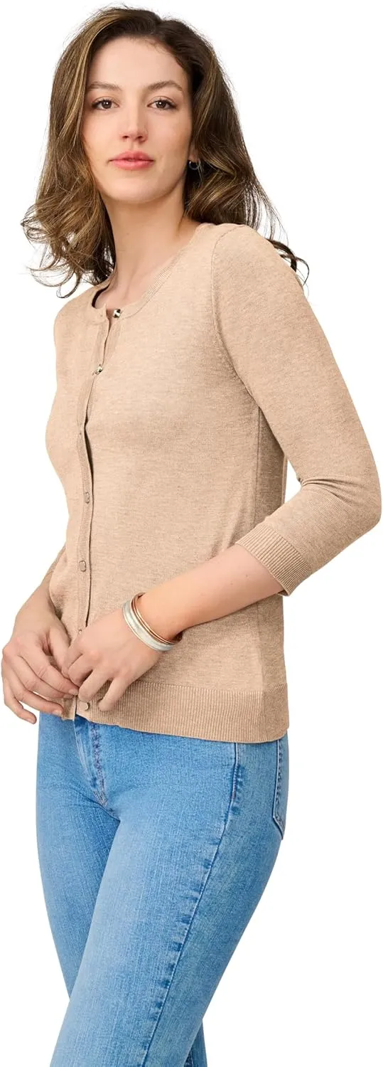 Cable & Gauge Women's Lady Button Front Cardigan Lightweight Button-Up Sweater, Crew Neck, 3/4 Sleeve, Versatile Layering Top