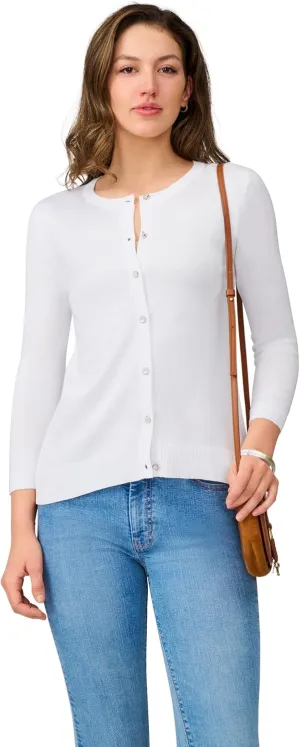 Cable & Gauge Women's Lady Button Front Cardigan Lightweight Button-Up Sweater, Crew Neck, 3/4 Sleeve, Versatile Layering Top