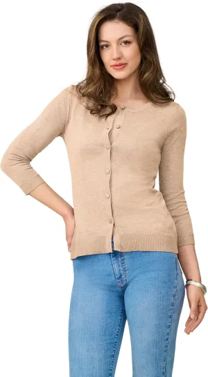 Cable & Gauge Women's Lady Button Front Cardigan Lightweight Button-Up Sweater, Crew Neck, 3/4 Sleeve, Versatile Layering Top