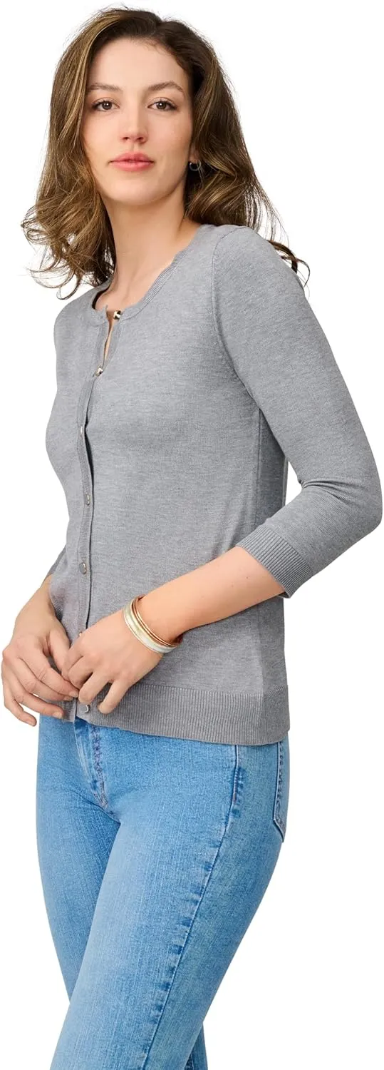 Cable & Gauge Women's Lady Button Front Cardigan Lightweight Button-Up Sweater, Crew Neck, 3/4 Sleeve, Versatile Layering Top