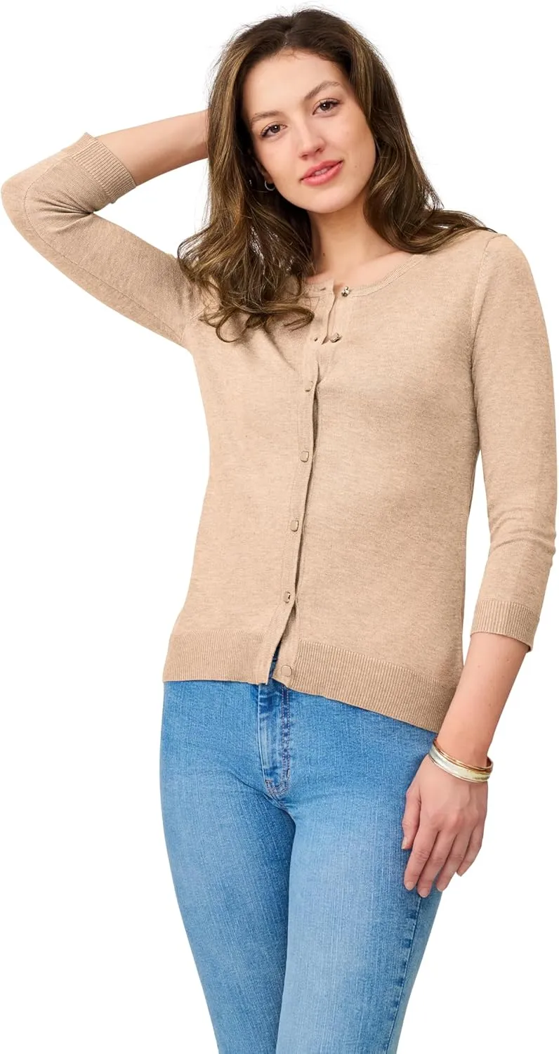 Cable & Gauge Women's Lady Button Front Cardigan Lightweight Button-Up Sweater, Crew Neck, 3/4 Sleeve, Versatile Layering Top