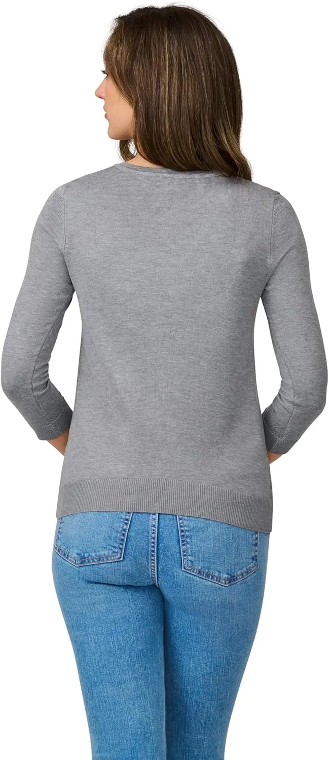 Cable & Gauge Women's Lady Button Front Cardigan Lightweight Button-Up Sweater, Crew Neck, 3/4 Sleeve, Versatile Layering Top