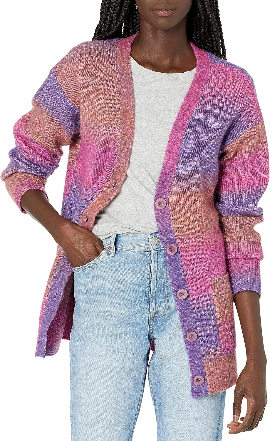 Cable Stitch Women's Ombre Space-Dyed Cardigan - V-Neck Long Sleeve Button Front Rib-Knit Sweater Cover-Up with Pockets