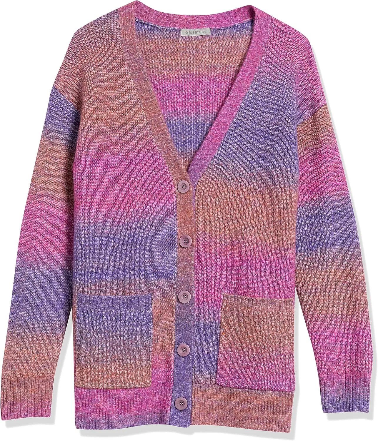 Cable Stitch Women's Ombre Space-Dyed Cardigan - V-Neck Long Sleeve Button Front Rib-Knit Sweater Cover-Up with Pockets