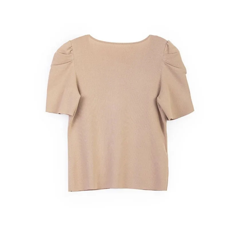 Camel Puff Sleeve V neck T-shirt
