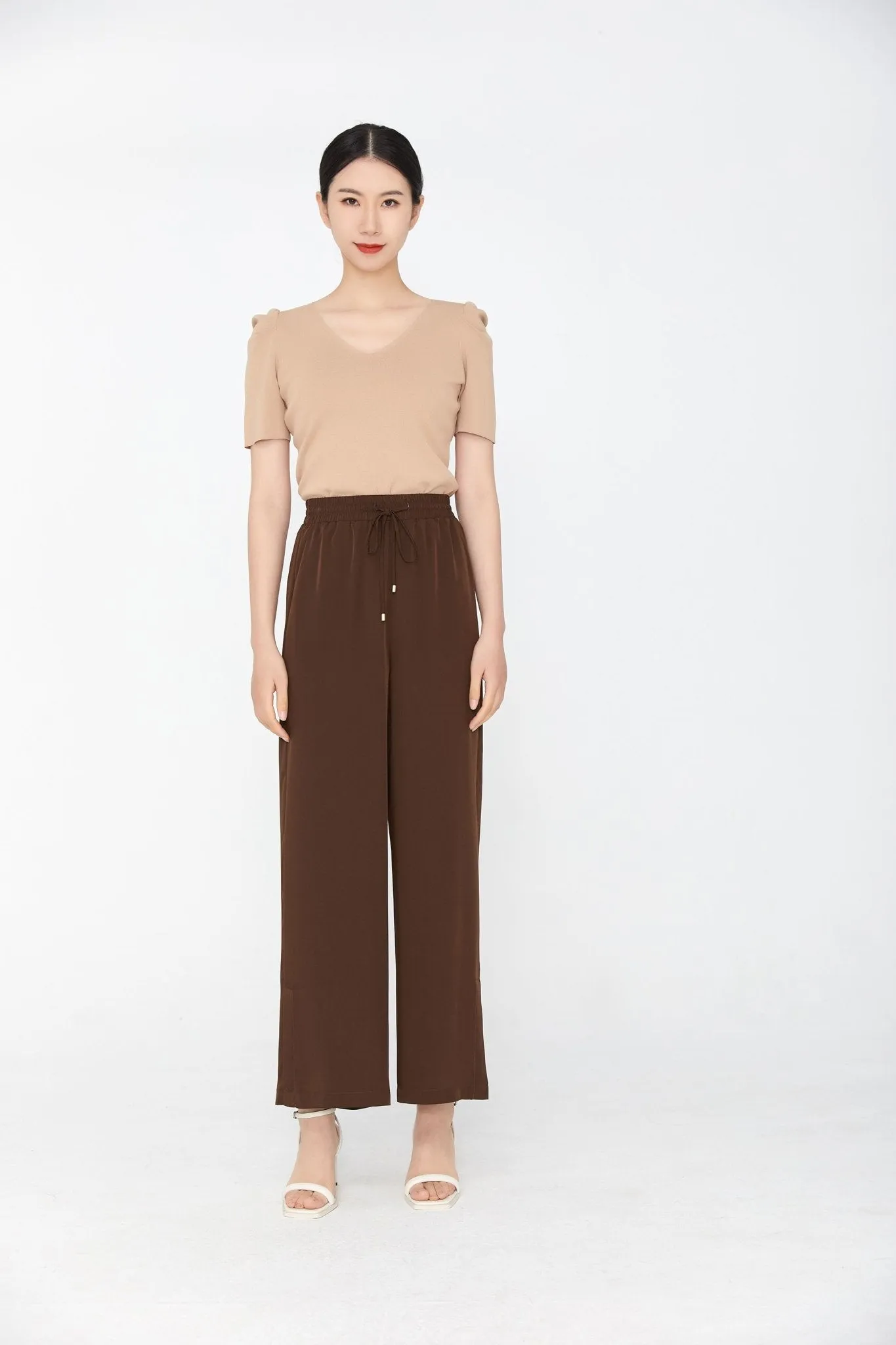 Camel Puff Sleeve V neck T-shirt