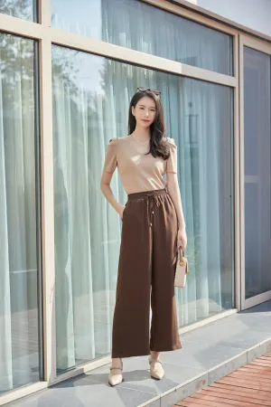 Camel Puff Sleeve V neck T-shirt
