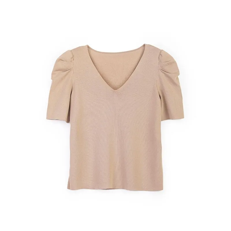 Camel Puff Sleeve V neck T-shirt