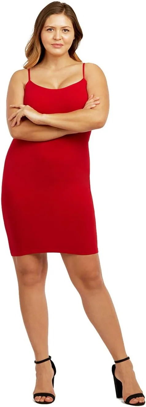 Camisole - Ladies Seamless Long Poly Camisole Dress Plus Size (RED)