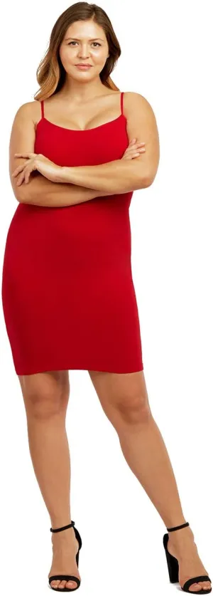 Camisole - Ladies Seamless Long Poly Camisole Dress Plus Size (RED)