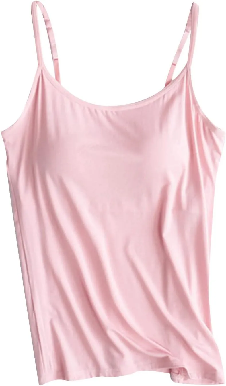 Camisole Tops for Women Built in Bras,Ladies Spaghetti Strap Tank Tops Soft Padded Undershirts Plus Size Cotton Shirt