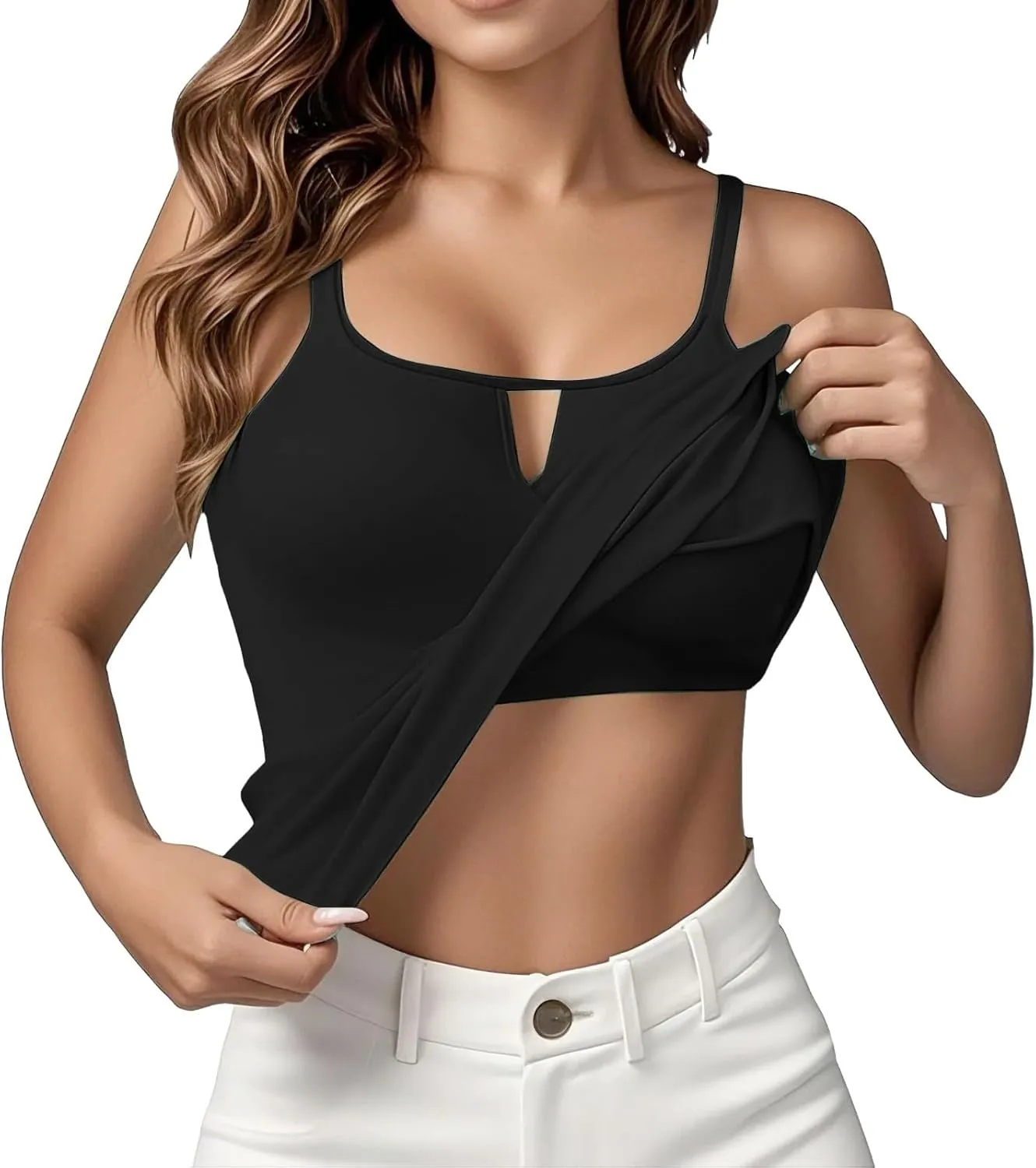 Camisole Tops for Women White Built in Bra Tank Tops Adjustable Spaghetti Strap 2025 Spring Summer Cami Shirts Under Clothes