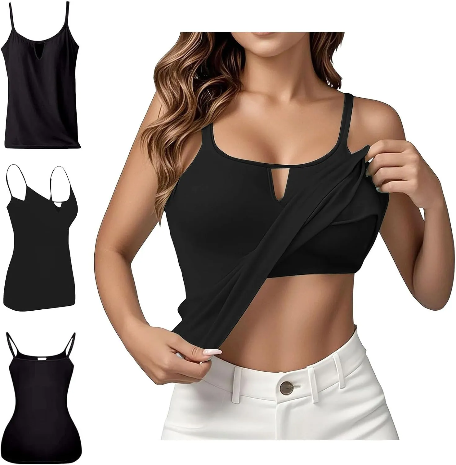 Camisole Tops for Women White Built in Bra Tank Tops Adjustable Spaghetti Strap 2025 Spring Summer Cami Shirts Under Clothes