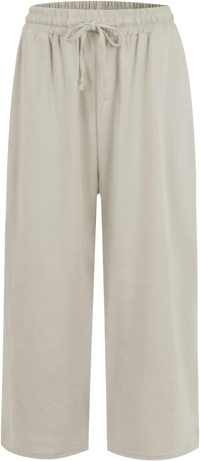 Capri Pants for Women Baggy Drawstring Waist Wide Leg Capris Casual Athletic Cropped Yoga Pants with Pockets