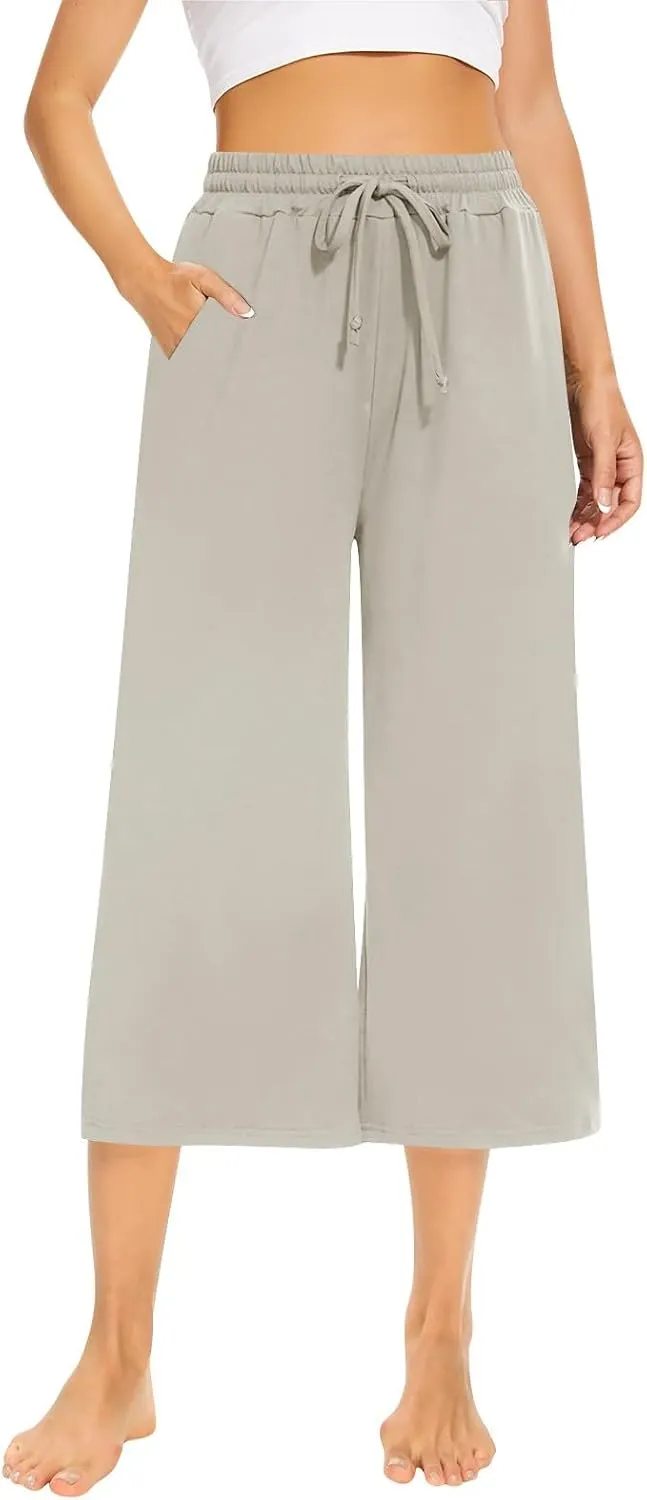 Capri Pants for Women Baggy Drawstring Waist Wide Leg Capris Casual Athletic Cropped Yoga Pants with Pockets