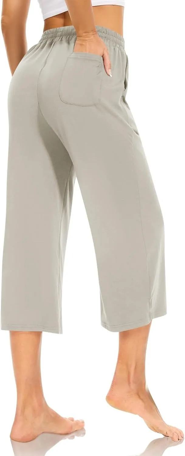 Capri Pants for Women Baggy Drawstring Waist Wide Leg Capris Casual Athletic Cropped Yoga Pants with Pockets