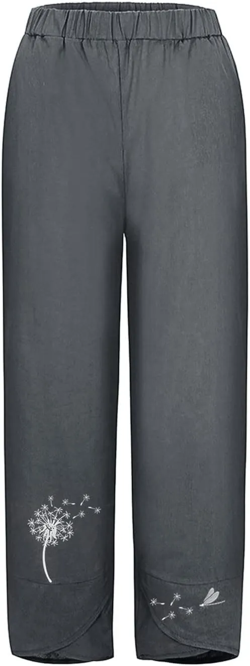 Capri Pants for Women Boho Summer Elastic Waist Casual Pants Butterfly Lightweight Straight Leg Trousers