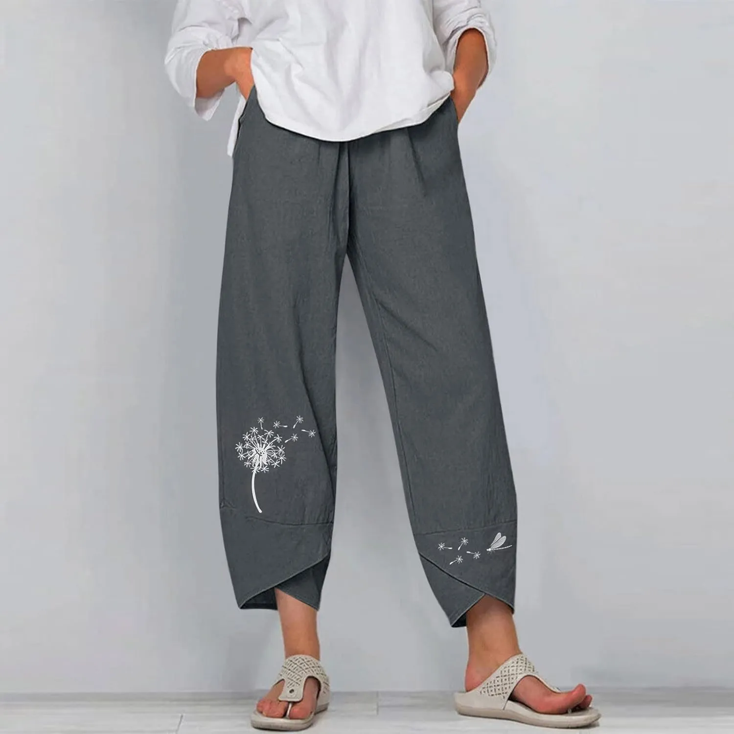 Capri Pants for Women Boho Summer Elastic Waist Casual Pants Butterfly Lightweight Straight Leg Trousers