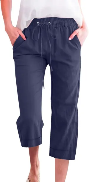 Capri Pants for Women Cotton Linen Casual Summer Pants Plus Size Drawstring Elastic Waist Capris with Pockets