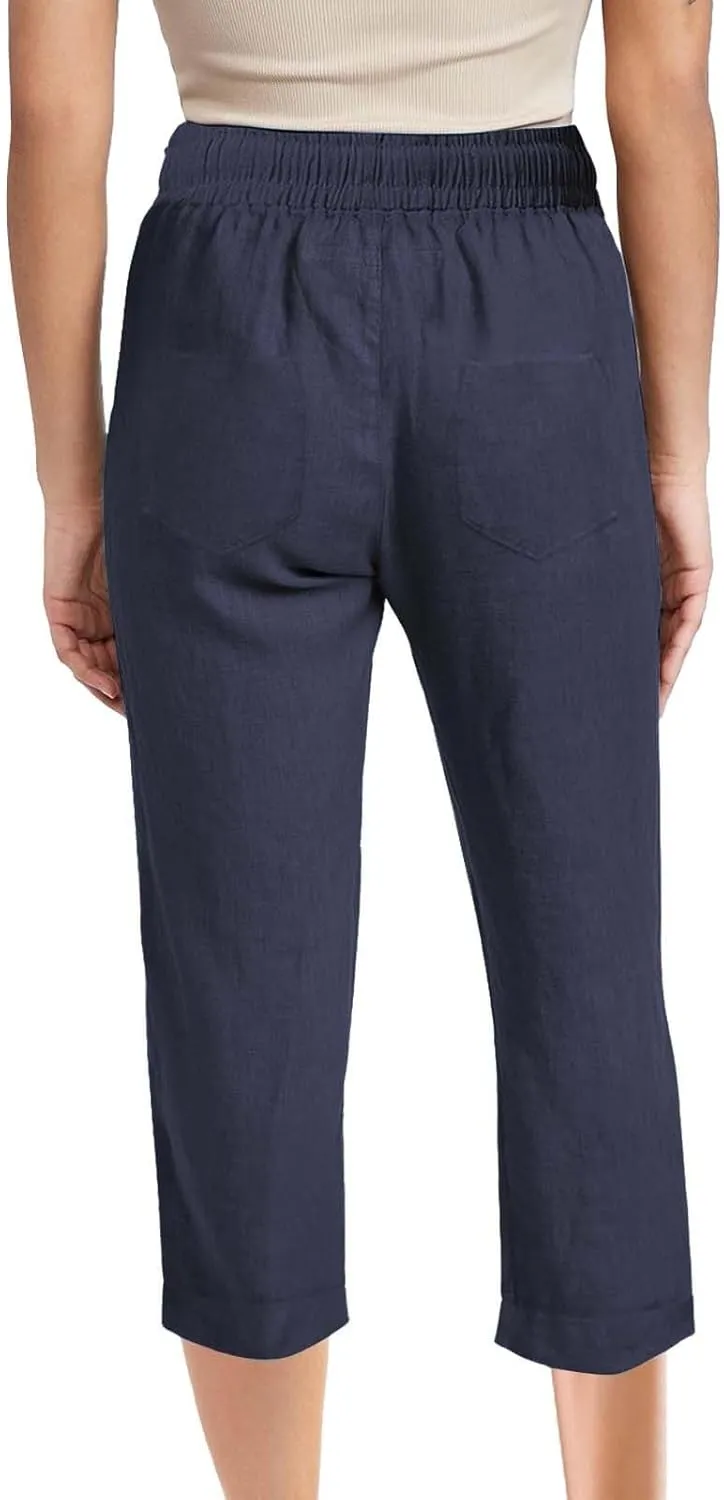 Capri Pants for Women Cotton Linen Casual Summer Pants Plus Size Drawstring Elastic Waist Capris with Pockets