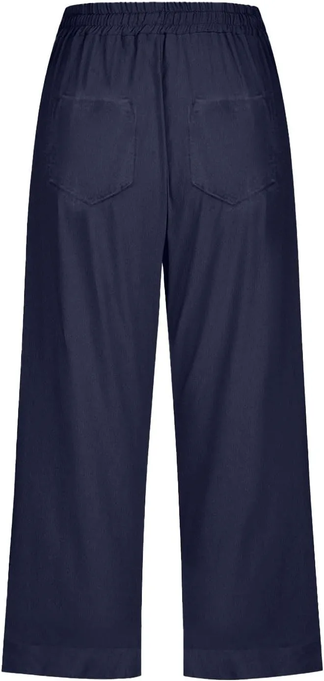 Capri Pants for Women Cotton Linen Casual Summer Pants Plus Size Drawstring Elastic Waist Capris with Pockets