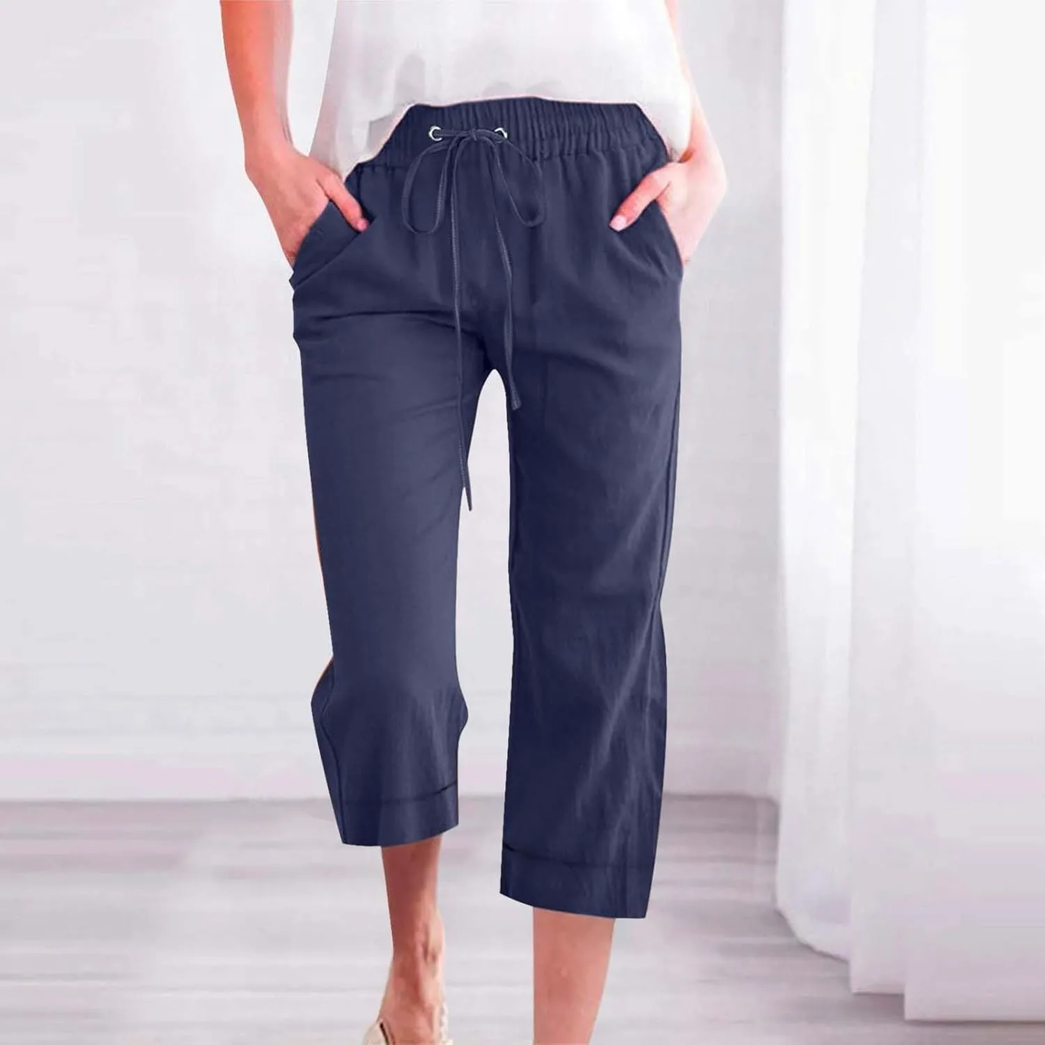 Capri Pants for Women Cotton Linen Casual Summer Pants Plus Size Drawstring Elastic Waist Capris with Pockets