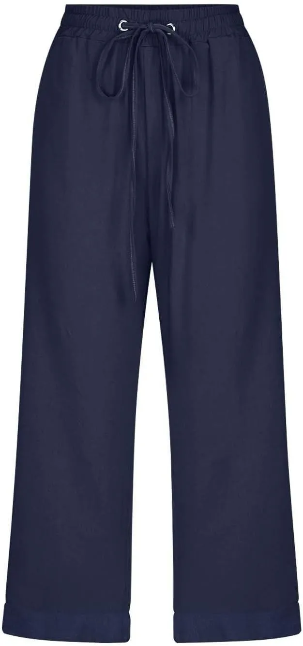 Capri Pants for Women Cotton Linen Casual Summer Pants Plus Size Drawstring Elastic Waist Capris with Pockets