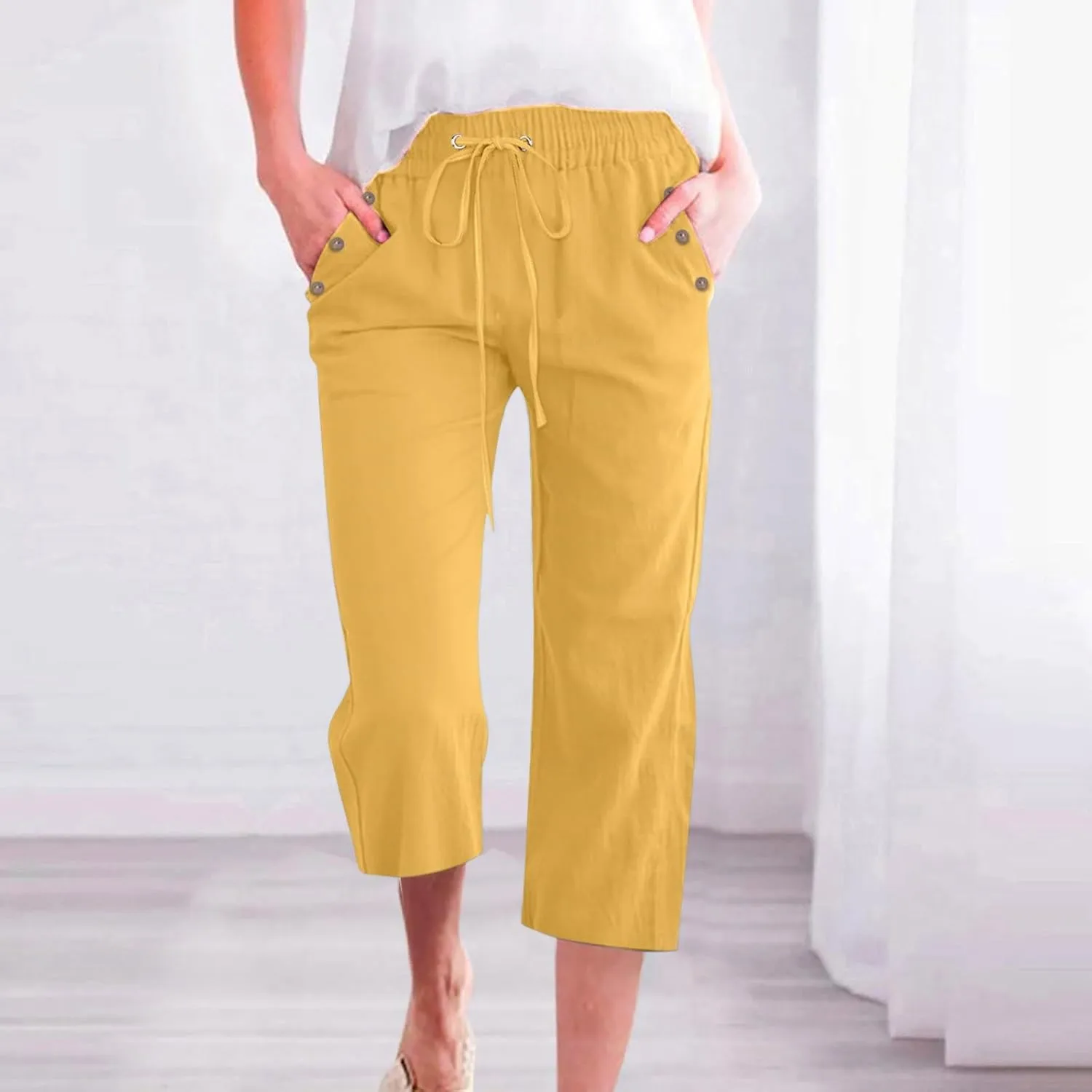 Capris Pants for Women Cotton Linen Casual Summer 2025 Straight Wide Leg Drawstring Elastic Waist Cropped Trouser