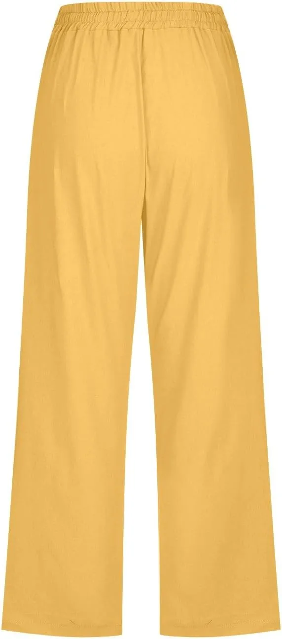Capris Pants for Women Cotton Linen Casual Summer 2025 Straight Wide Leg Drawstring Elastic Waist Cropped Trouser
